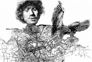 Cedrón-Rembrandt y el pájaro - 2017 - Técnica mixta digital sobre papel - 61 x 90 cm